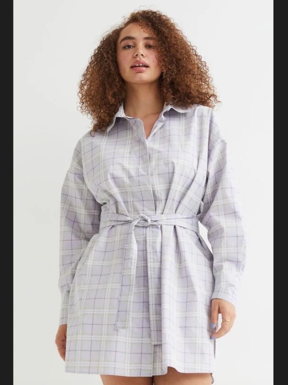 H&M/Divided Lavender Checked Cotton Tie-Belt Shirt Dress Sz M